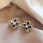 Blue Topaz and natural Black obsidian Flower petal stud earring - Image 3