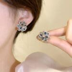 Blue Topaz and natural Black obsidian Flower petal stud earring - Image 2